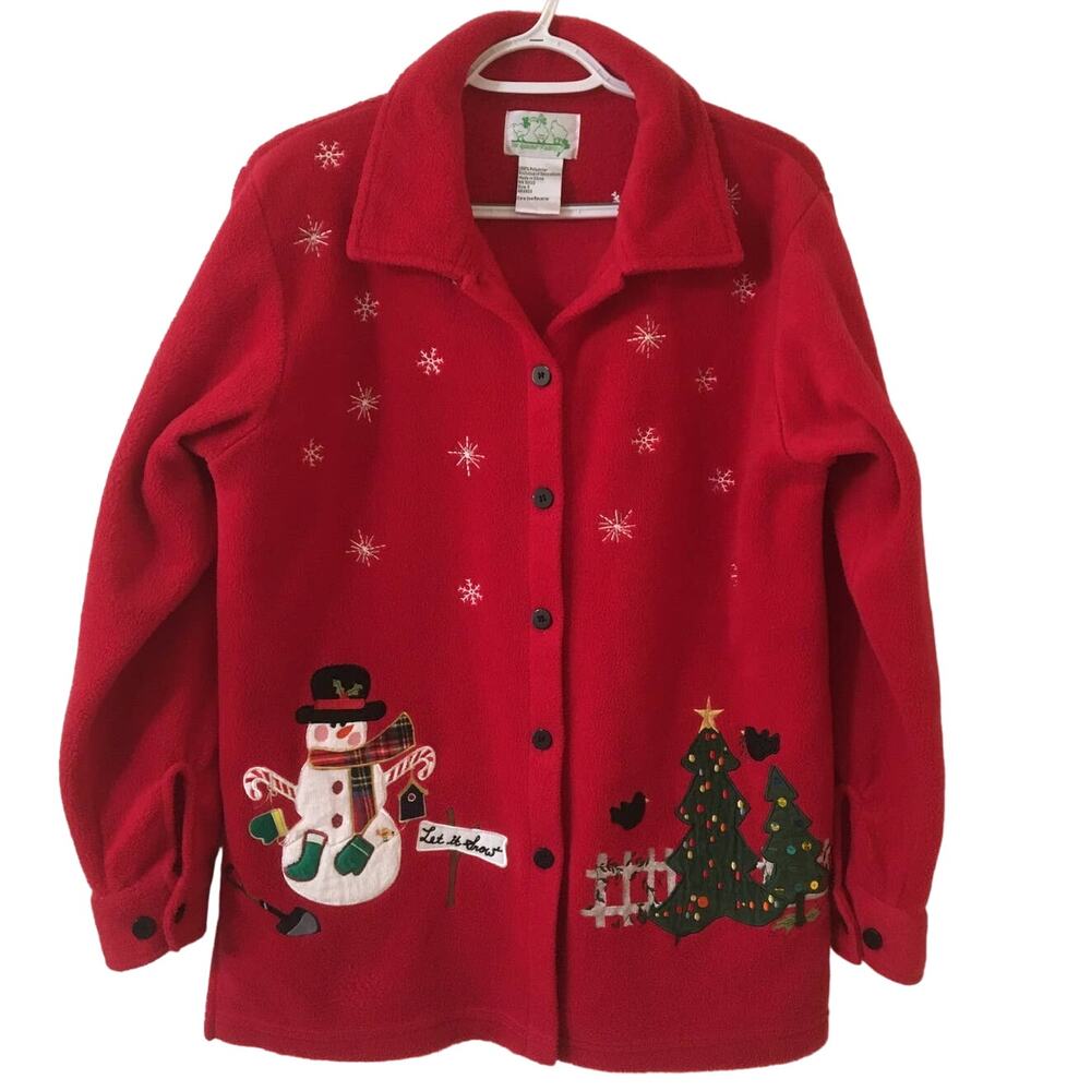 The Quacker Factory Small Red Fleece Christmas Button Up Jacket Corduroy Scenes